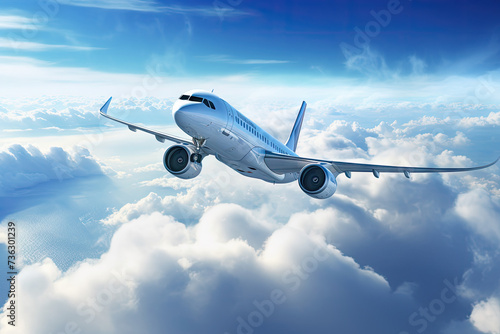 commercial airplane flying through the clouds in the sky as wide banner poster