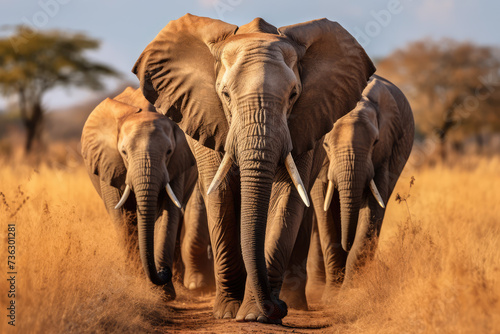 group of elephants walking on the dry grass in the wilderness