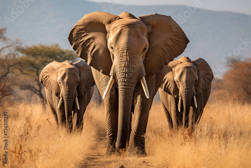 group of elephants walking on the dry grass in the wilderness © Kitta