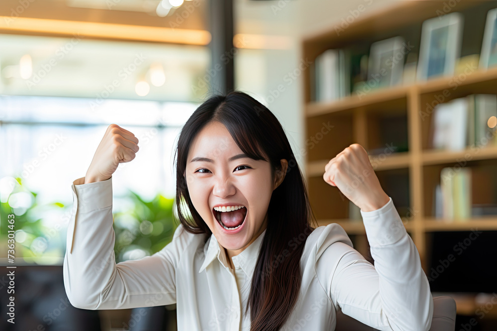 Korean woman laughing with showing victory with joy with a fist pump in the air Korean woman laughing with showing victory with joy with a fist pump in the air