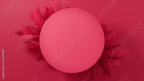 Palm Plant Border forms Pink, Modern Design. Circle Botanical Frame with copy-space.