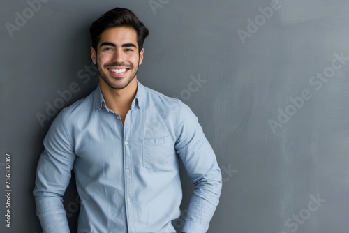 Successful Hispanic man leaning on wall smiling for portrait