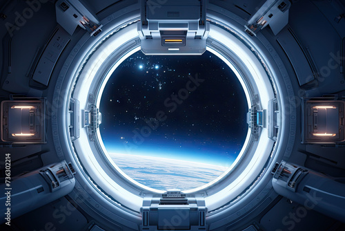 super detailed spacecraft white cabin, with a round window with a stunning bright universe view