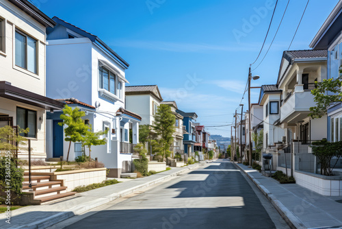 Urban street in korean, single-family homes on both sides, sunny