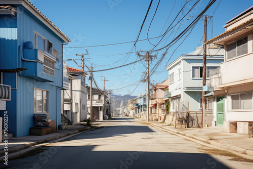 Urban street in korean, single-family homes on both sides, sunny