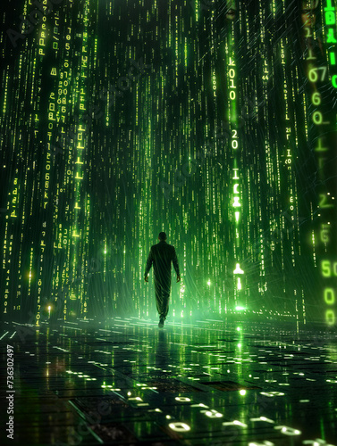 Digital abstract matrix background with the green symbols.Streaming data, binary data moving on a digital road - Digital Code road concept	
 photo