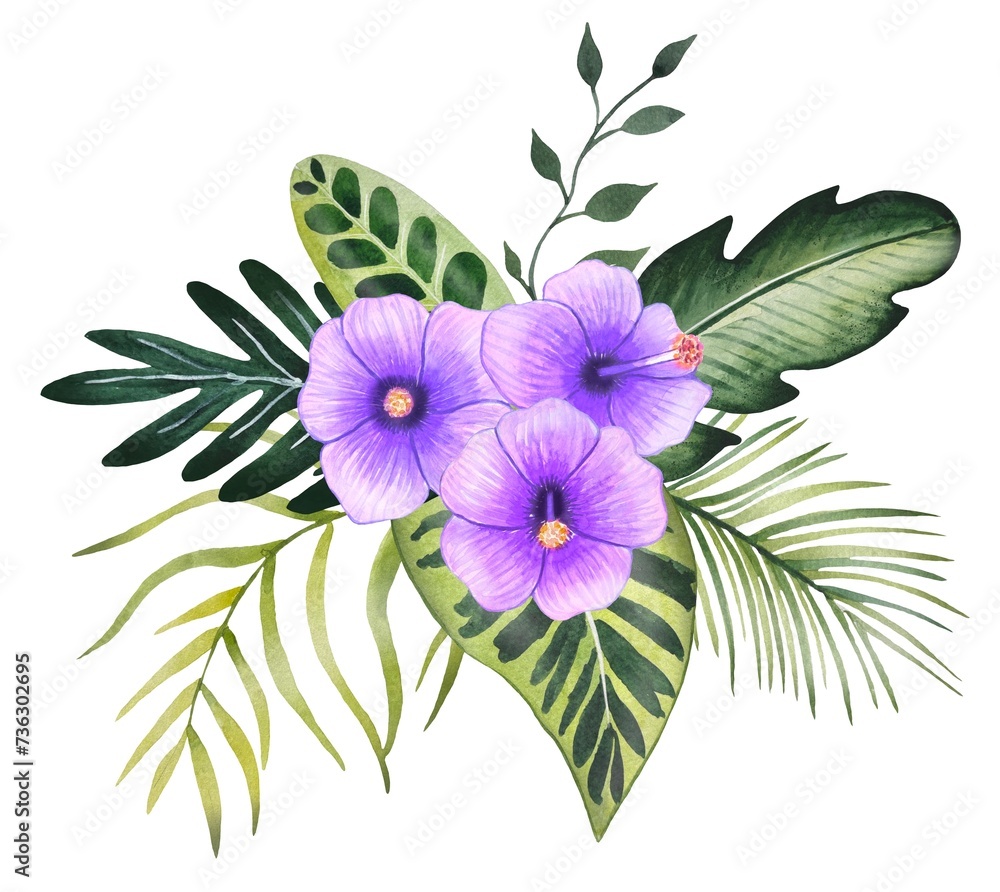 Obraz premium Hand drawn bouquet with tropical leaves and flowers, watercolor