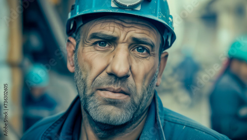 Close-up of an older worker with a helmet and furrowed brow, contemplating whether his pension is secure