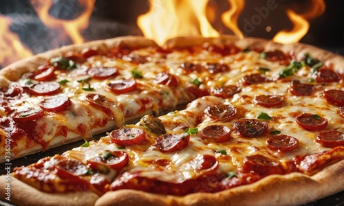 Savor the Heatwave  Juicy  Cheesy Pizza Delight with Backdrop Flames