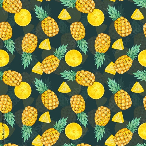 Seamless pattern with pineapple and pineapple slices, watercolor