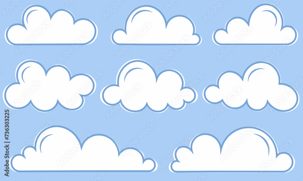 Various shapes of flat clouds cartoon, isolated on blue background Various shapes of flat clouds cartoon, isolated on blue background