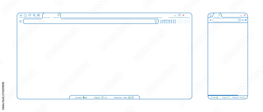 Blue internet browser phone app webpage, blank website template vector design. Editable lines web browser with icons illustration. Homepage mockup background illustration. 