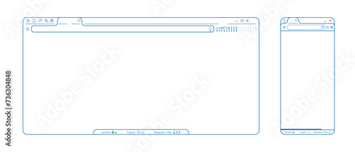 Blue internet browser phone app webpage, blank website template vector design. Editable lines web browser with icons illustration. Homepage mockup background illustration. 