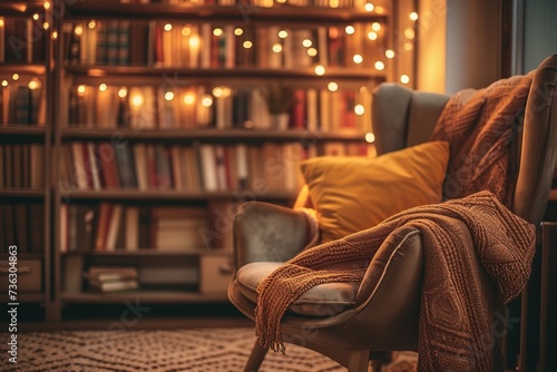 Comfy chair and warm lighting in a reading nook, fostering mental well-being and escape.