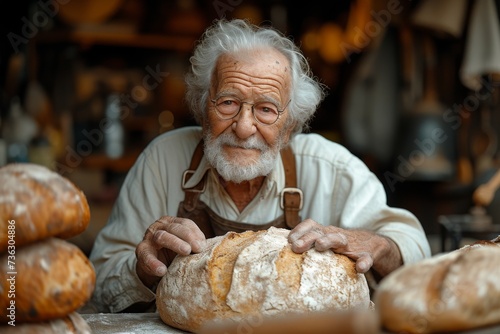 A seasoned man, his weathered face adorned with a beard and white hair, holds a freshly baked loaf of bread, evoking warmth and comfort in a cozy indoor setting