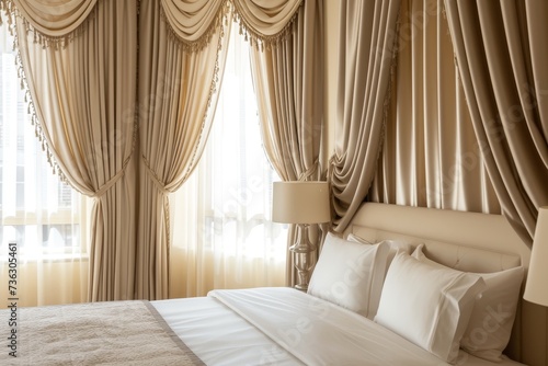 Stylish bedroom interior with stunning window curtains © LimeSky