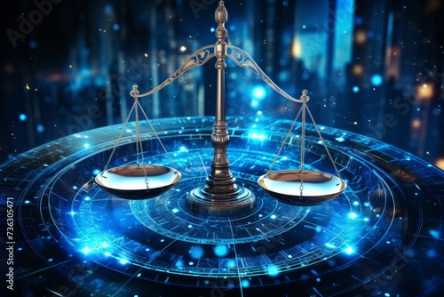 Unbiased artificial intelligence, Scales of Justice in Digital World Concept. Digital illustration Scales on futuristic blue data network background. Fairness and equality in ethical AI systems