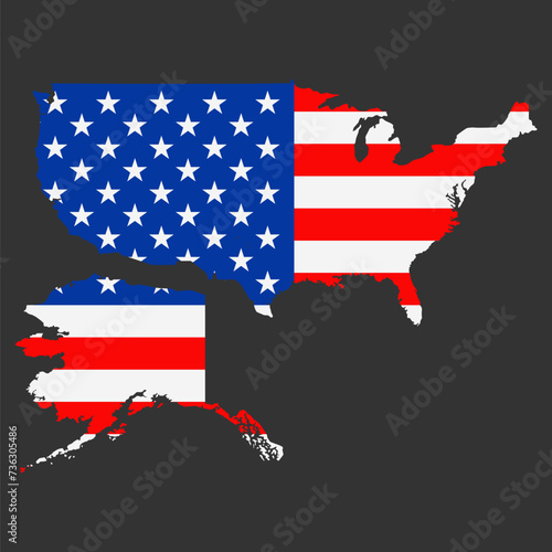 Map of the USA with the national flag of United States of America isolated on white background. Vector illustration.