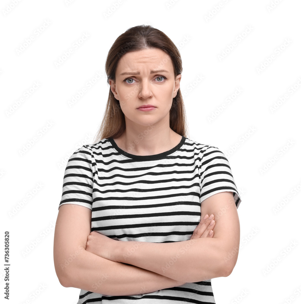 Portrait of sad woman with crossed arms on white background Portrait of sad woman with crossed arms on white background