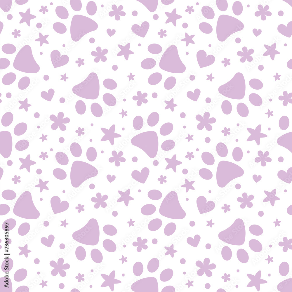 Fototapeta premium Cute purple paw pattern with flowers and stars, vector background for cats and dogs, pastel