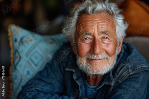 An elderly man with a warm smile and a snow-white beard rests his head on a soft pillow, his face lined with wrinkles that tell a story of a life well-lived © familymedia