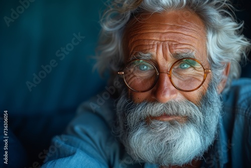 A wise and weathered man with a distinguished beard and glasses gazes thoughtfully, his wrinkled forehead and cheeks telling a story of a life well-lived