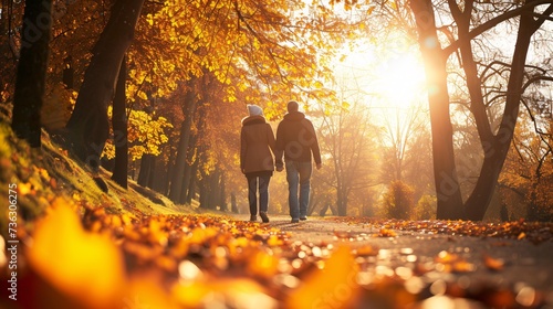 Pair strolling on a Bright fall afternoon.