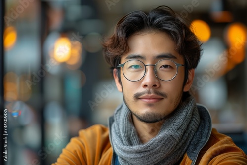 A stylish man with glasses and a scarf smiles confidently, showcasing his impeccable taste and love for both fashion and vision care, as he stands in front of a striking building on a bustling street