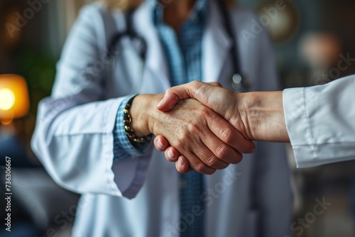 Medical professional and female entrepreneur shaking hands in a conference.