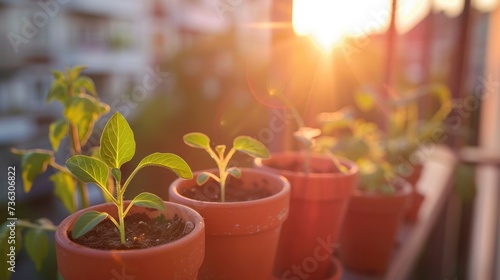 Vegetable seedlings in pots during sunrise on the balcony