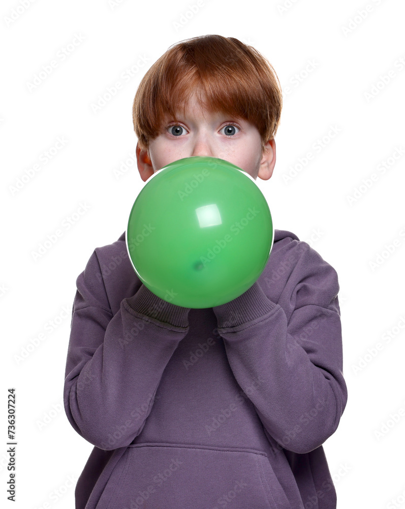 Boy inflating green balloon on white background Boy inflating green balloon on white background