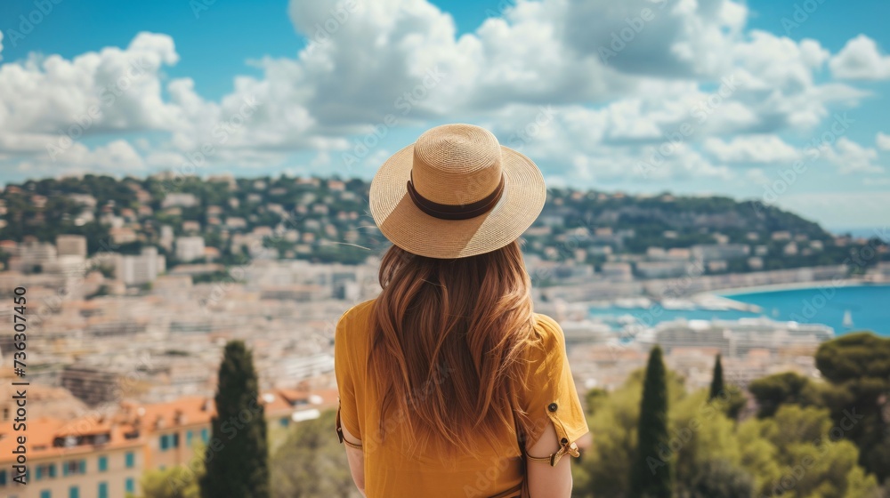 Gorgeous woman admiring the city of Nice, France from behind while holding her hat on the French Riviera.