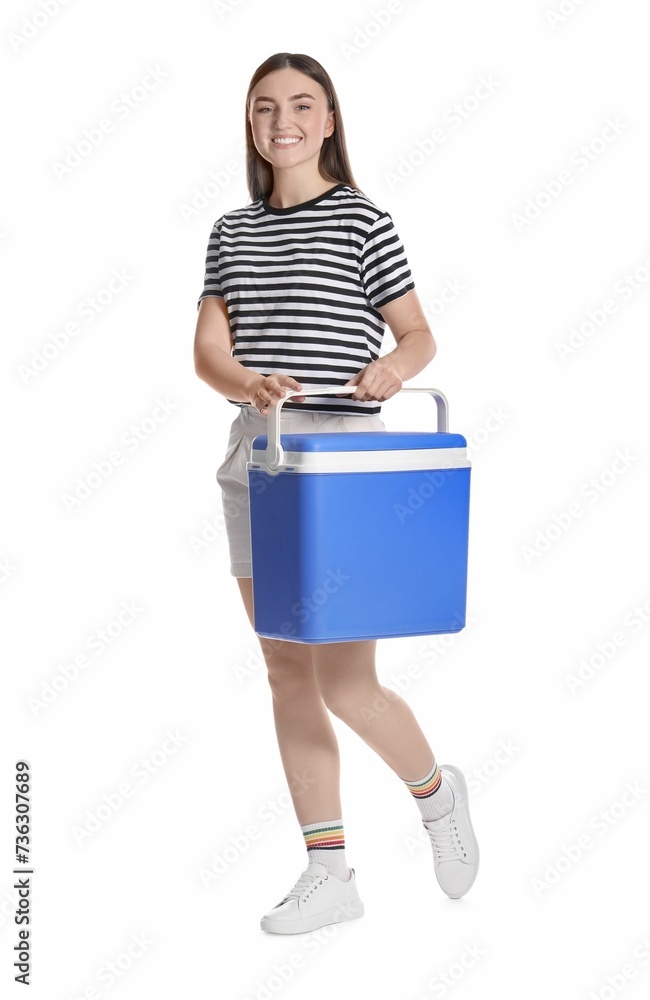 Happy young woman with plastic cool box isolated on white Happy young woman with plastic cool box isolated on white