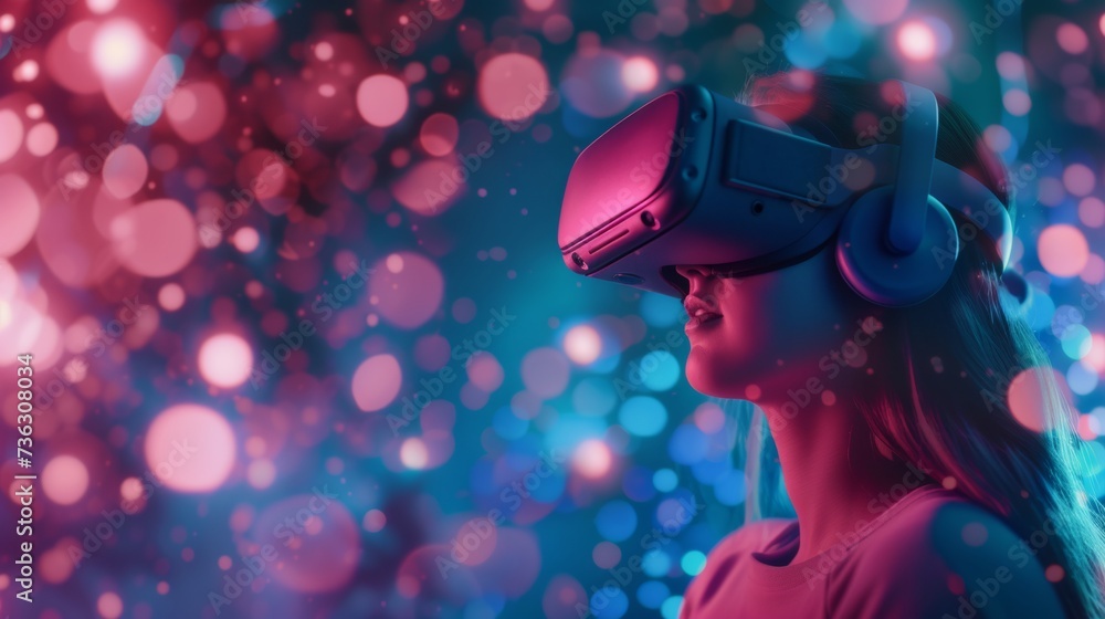 Young woman using a virtual reality headset against the bokeh background Young woman using a virtual reality headset against the bokeh background