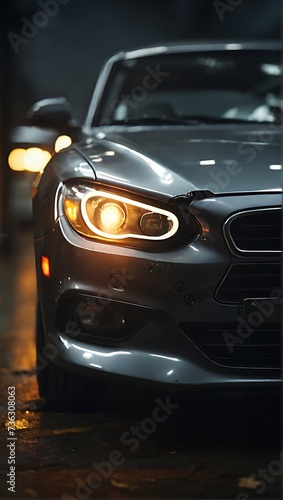 Close up photo front of a car headlight. © Kongkon