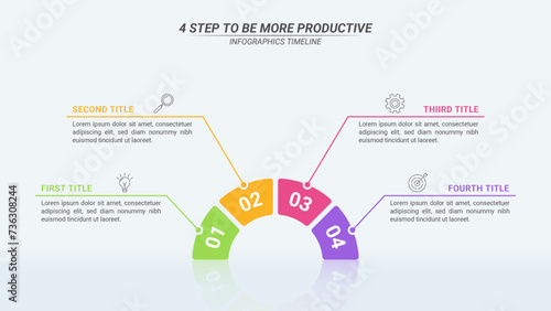 Half Circle Infographics Diagram with 4 Steps and Editable Text on a 16:9 ratio for Business Plans, Goals, Targets, and Website Design.