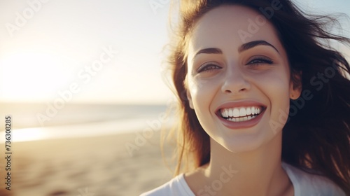 Cheerful lady grinning by the shore - Joyful gal relishing a sunny outing - Wellness idea featuring woman chuckling outdoors.