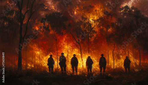 group of firefighters stand in front of a burning forest, in the style of tabletop photography, 8k resolution, australian landscapes,generative ai © LomaPari2021