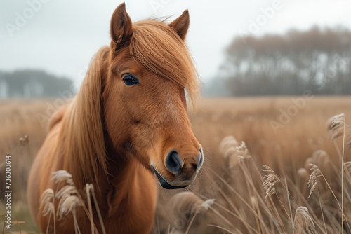 A majestic sorrel mustang horse stands proudly in a lush green field, its flowing mane blending with the brown and liver tones of the landscape, against the backdrop of a vast blue sky © familymedia