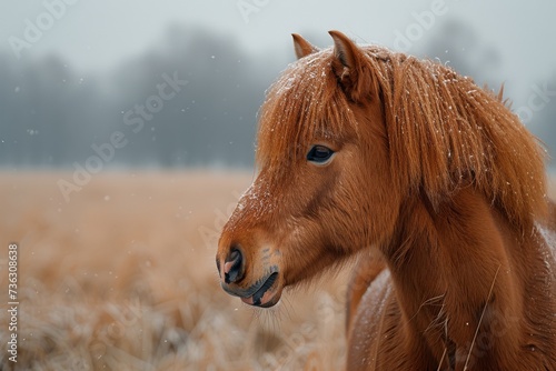 A majestic sorrel mustang horse stands proudly in a snowy field, its liver mane flowing in the winter breeze, embodying the untamed spirit of the wild © familymedia