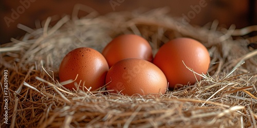 Close-up of tan eggs in straw nest on poultry farm.