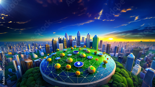 Aerial view Panorama in the city sky with smart services and icons