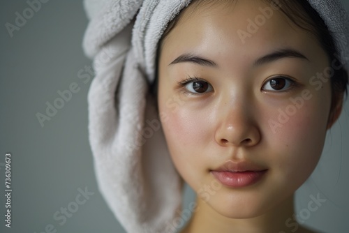 Portrait of young Asian woman with towel on head
