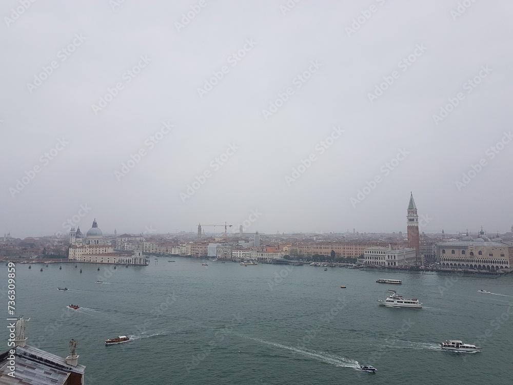 Panorama of Venice with famous landmarks and boats going in all directions 