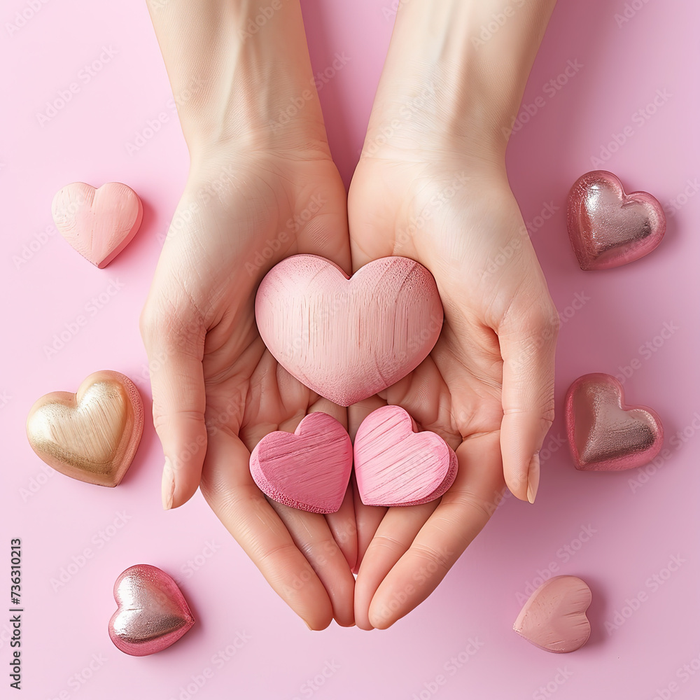 Women's hands hold pink hearts. Valentine's card