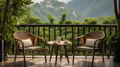 Two Rattan chair and a marble table located