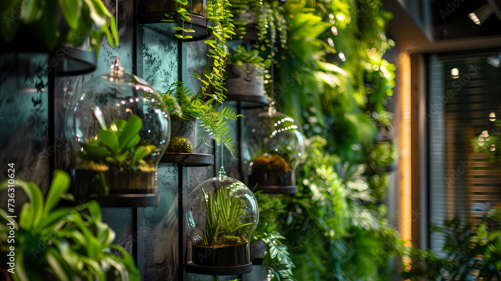 The creative use of vertical space in an indoor garden, showcasing a wall adorned with cascading plants and hanging terrariums The creative use of vertical space in an indoor garden, showcasing a wall adorned with cascading plants and hanging terrariums