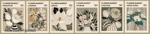 Set of Flower market prints. Abstract floral posters, trendy botanical wall arts in neutral colors. Scandinavian, japandi style modern home minimalist decorations, paintings.