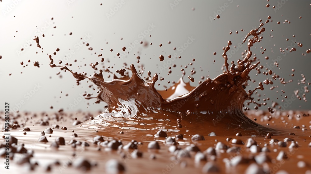 Fototapeta premium 3D brown jet splashing with droplets mid-air, tempting with its creamy richness and capturing the indulgent essence of a delectable treat.