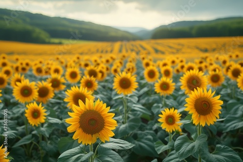 A golden sea of sunflowers stretches towards the endless blue sky  their vibrant petals radiating warmth and joy amidst the peaceful summer landscape